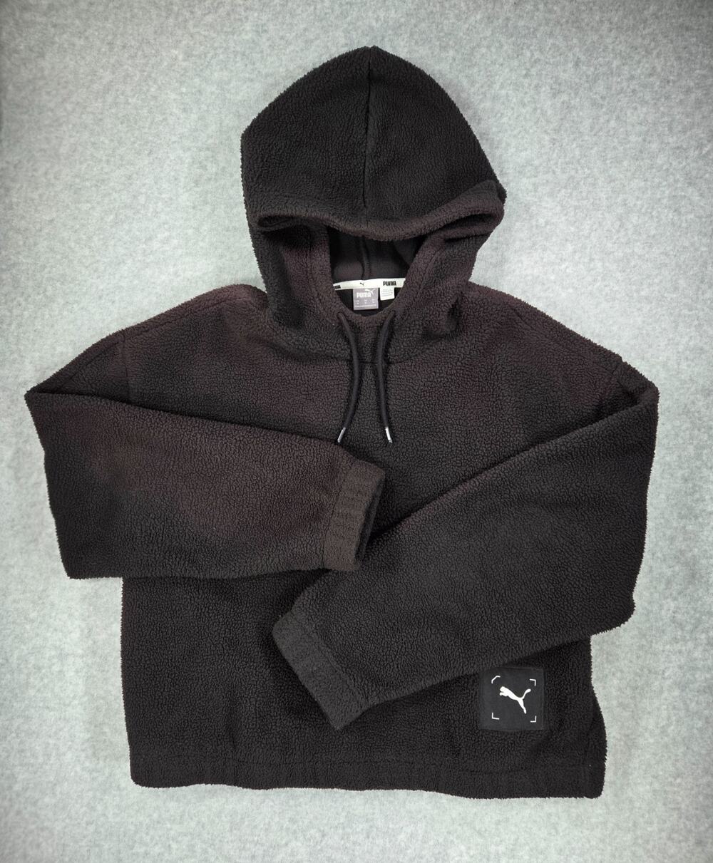 PUMA Women's Sherpa Fleece Cropped Hoodie Black Size M Teddy Pullover Boxy cozy